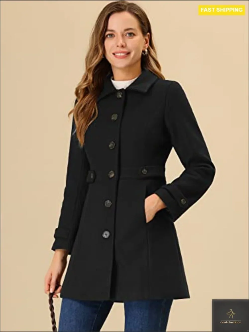 Classic Pea Coat Winter Overcoat Single Breasted with Pockets Chic Elegant